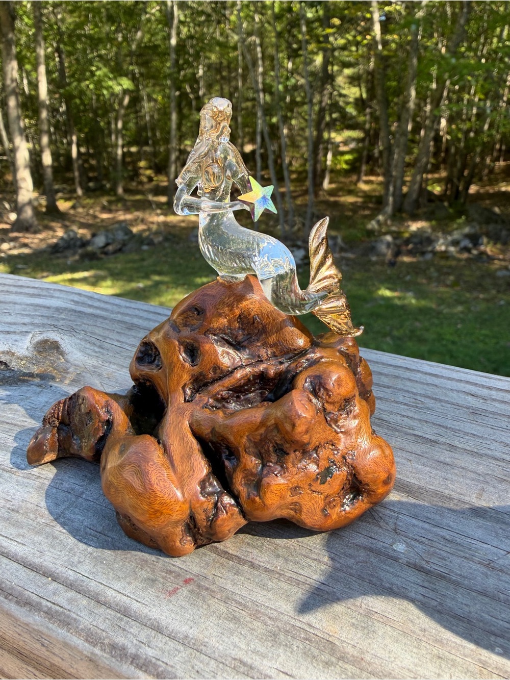 🧜♀️ Glass Mermaid Figurine on Natural Burl Wood Base | Vintage | Glass Baron